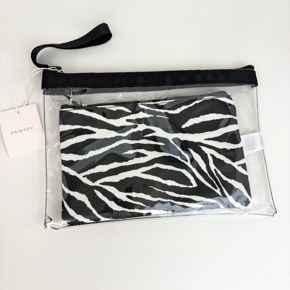 Set of 2 Zebra Design and Clear Cosmetic Travel Bags New With Tags